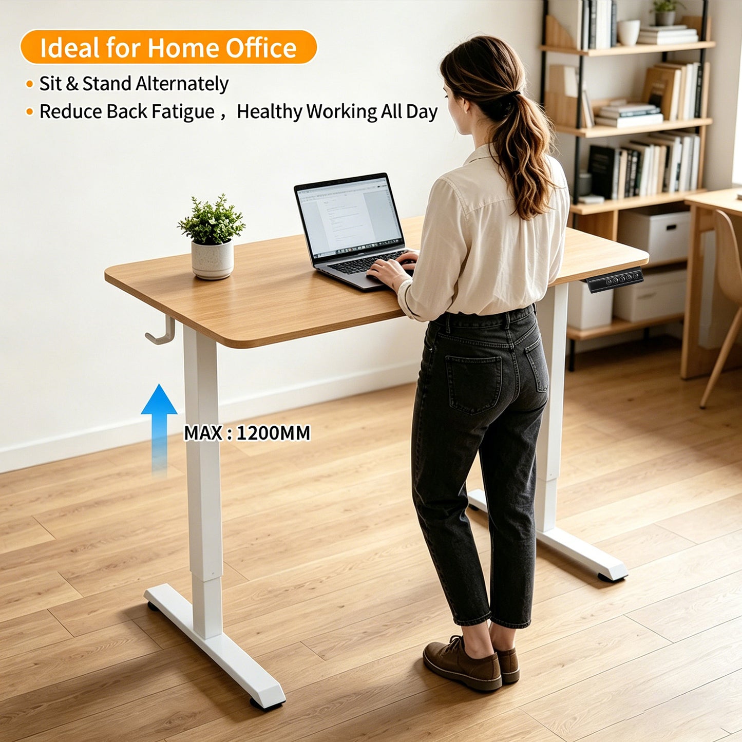 140 × 60 cm Electric Height Adjustable Standing Desk – Sit Stand Computer Table with Digital Control, Hooks & Large Worktop for Home Office, Light Wood
