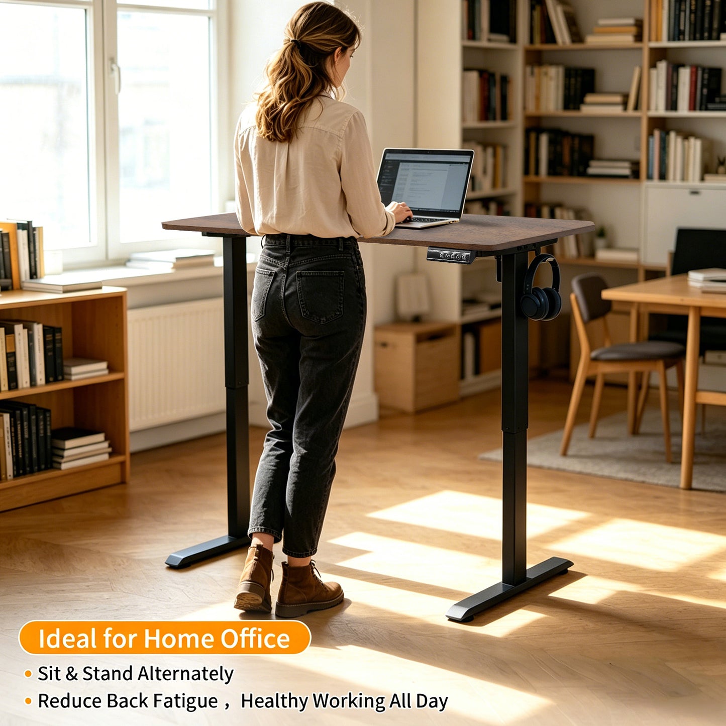 100CM Electric Standing Desk – Rustic Brown Height Adjustable Sit Stand Desk with Hooks, Digital Control Panel & Sturdy Metal Frame for Home Office or Study