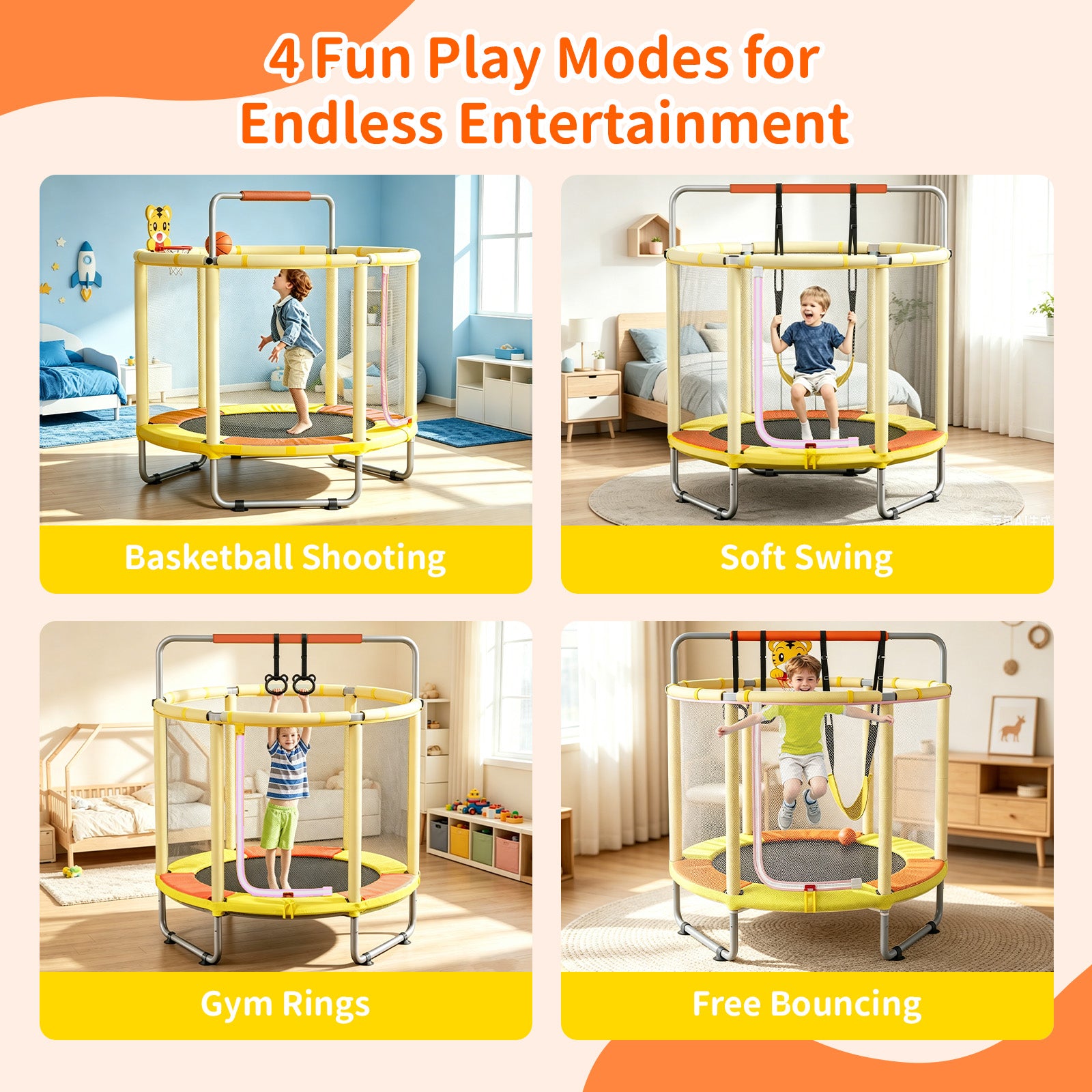 Avoltrix 55 Inch Kids Trampoline with Safety Net, Adjustable Gymnastics Horizontal Bar, 140cm Indoor Outdoor Mini Trampoline for Toddlers & Children, Max Capacity 100kg