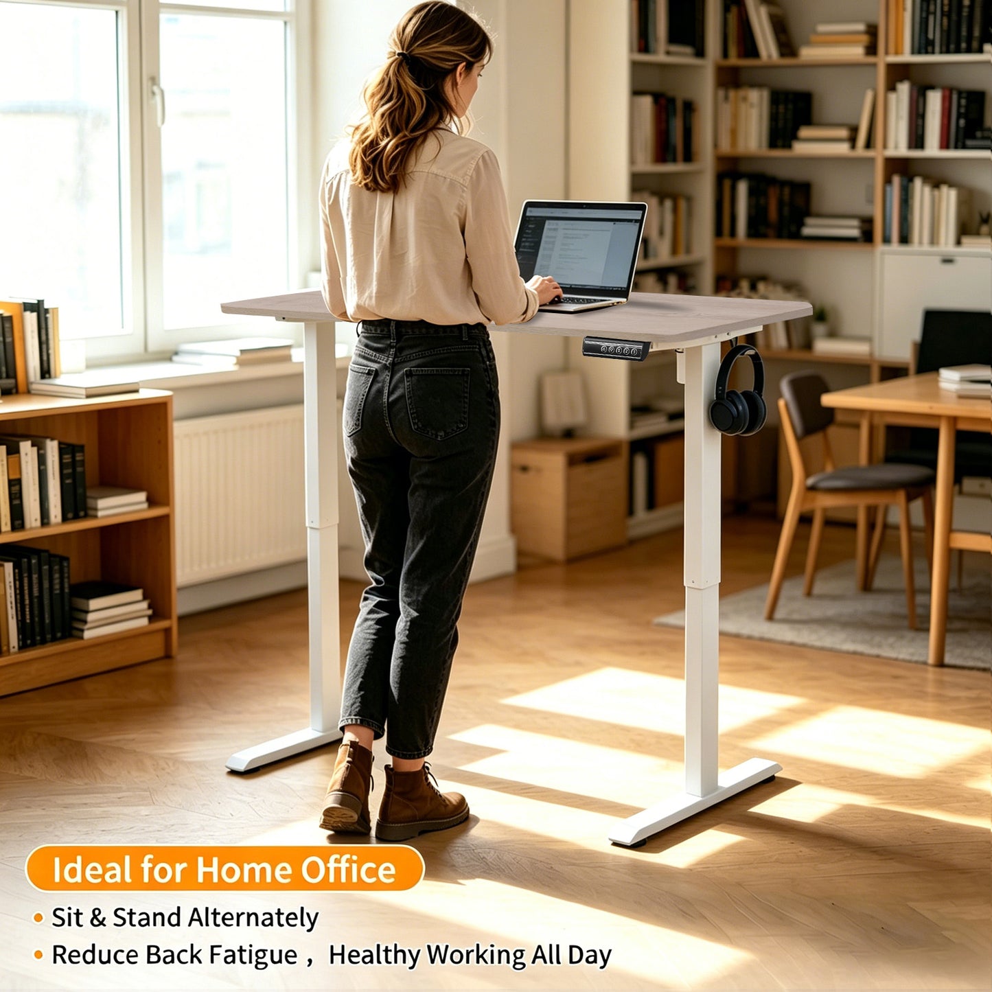 100CM Electric Standing Desk – Basswood Oak Grain Height Adjustable Sit Stand Desk with Hooks, Digital Control Panel & Sturdy Metal Frame for Home Office or Study