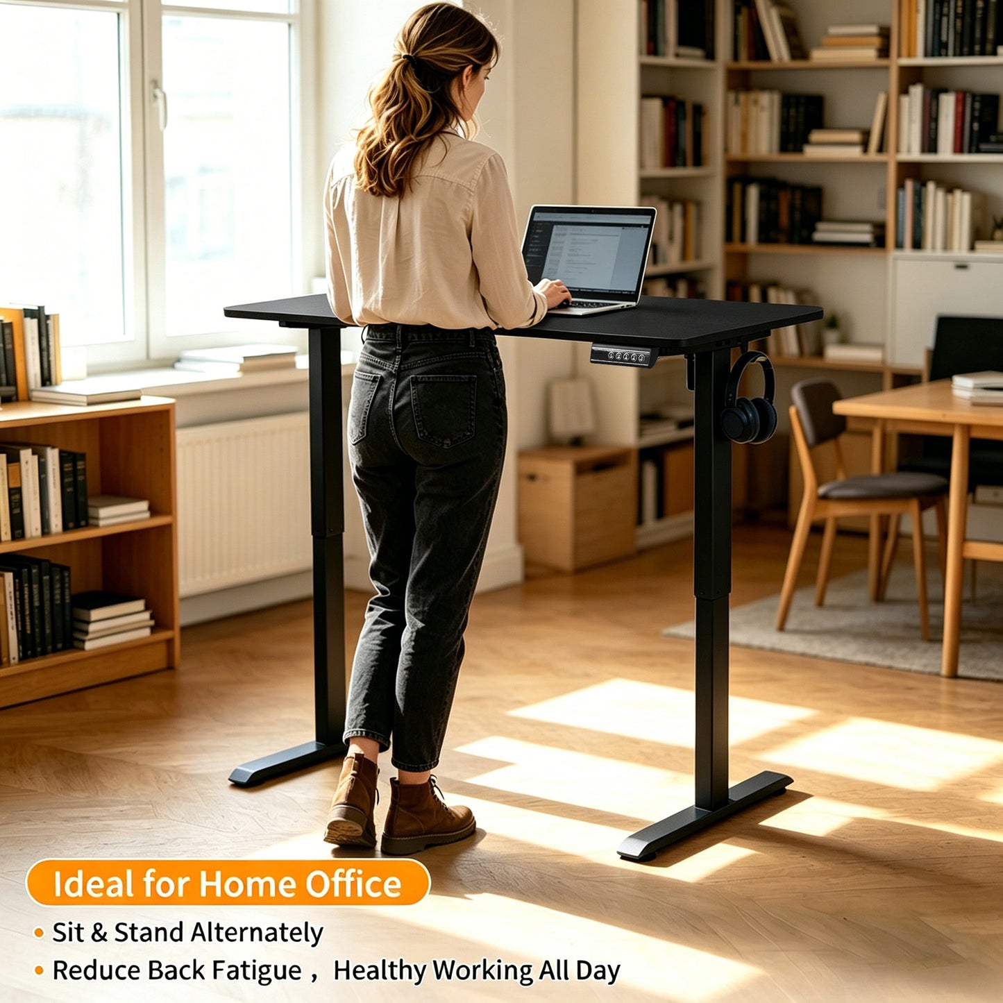 100CM Electric Standing Desk – Black  Height Adjustable Sit Stand Desk with Hooks, Digital Control Panel & Sturdy Metal Frame for Home Office or Study