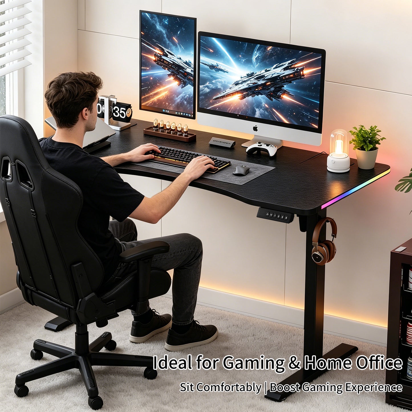 120CM Electric Standing Desk – Height Adjustable Sit Stand Desk with RGB Lights, Ergonomic Computer Table for Gaming, Home Office or Study, Black