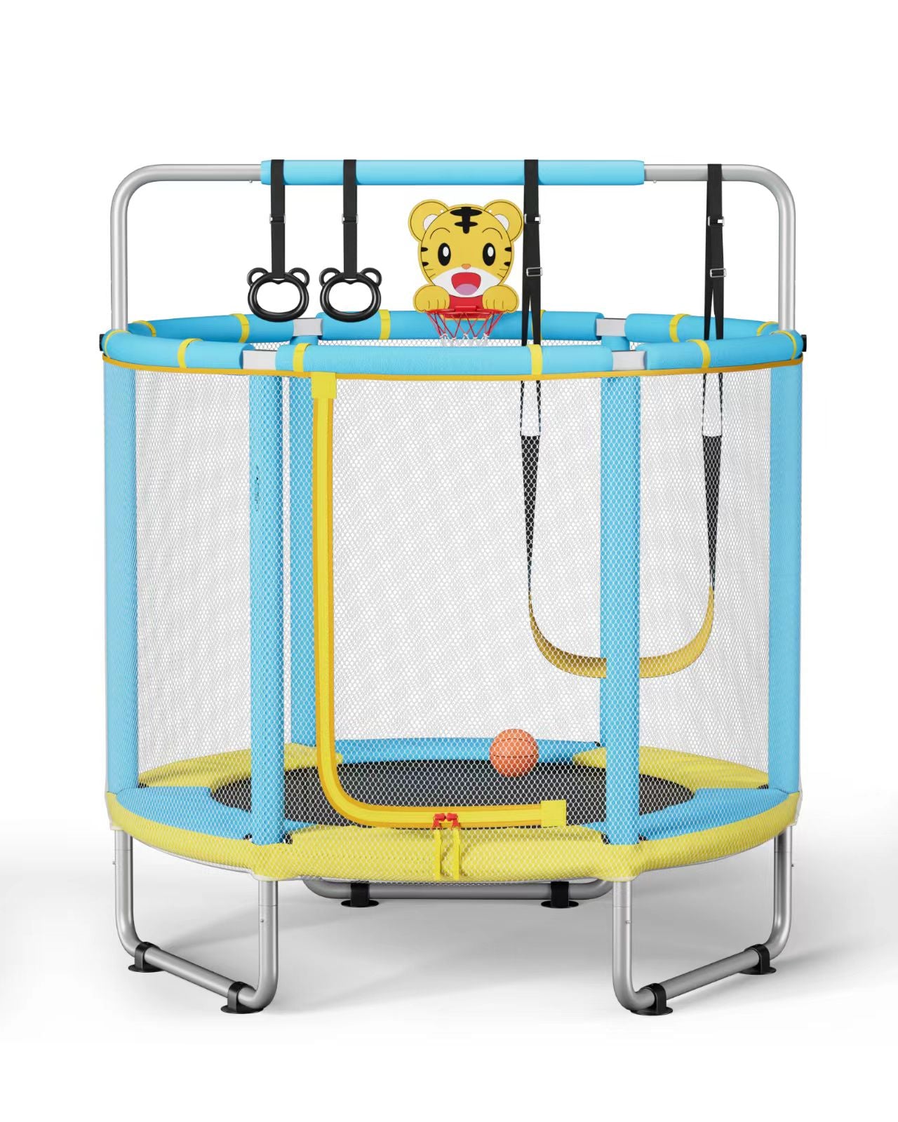 Avoltrix 55 Inch Kids Trampoline with Safety Net, Adjustable Gymnastics Horizontal Bar, 140cm Indoor Outdoor Mini Trampoline for Toddlers & Children, Max Capacity 100kg
