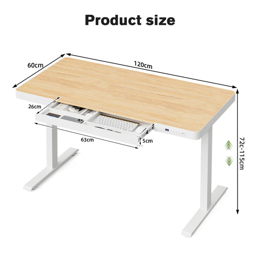 Avoltrix Electric Standing Desk with Drawer, USB Ports & Power Outlets – Height Adjustable, 120×60CM Maple Finish Table for Home Office