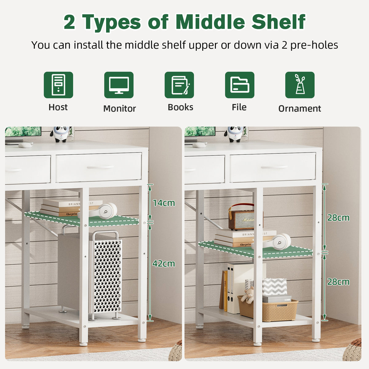 Avoltrix Computer Desk with 6 Drawers Reversible Storage 2-Tier Shelves Home Office Table Study Gaming Work 120CM White