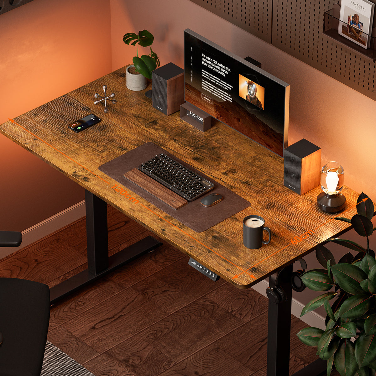 Avoltrix 120x60CM Electric Standing Desk, Sit Stand Ergonomic Desk with Hooks for Home Office, Rustic Brown with Black Frame