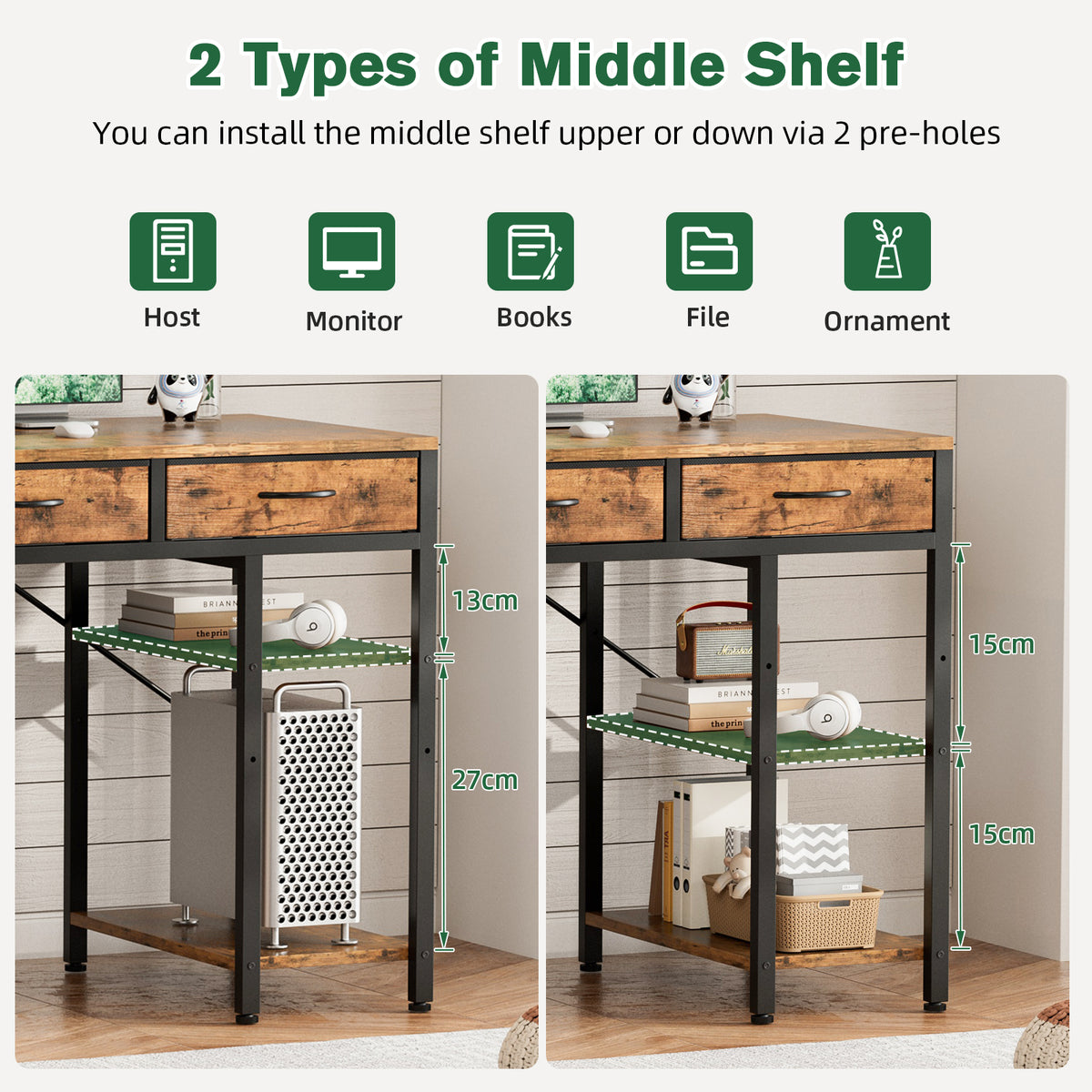 Avoltrix Computer Desk with Drawers and Shelves – Reversible Storage Table for Home Office, Study or Gaming, Rustic Brown
