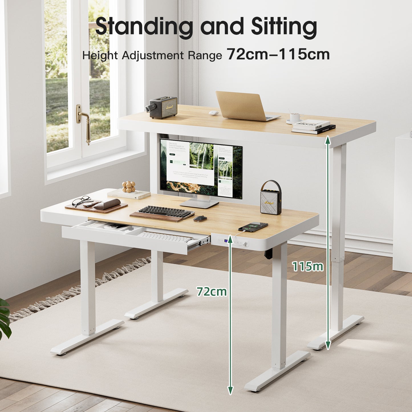 Avoltrix Electric Standing Desk with Drawer, USB Ports & Power Outlets – Height Adjustable, 120×60CM Maple Finish Table for Home Office