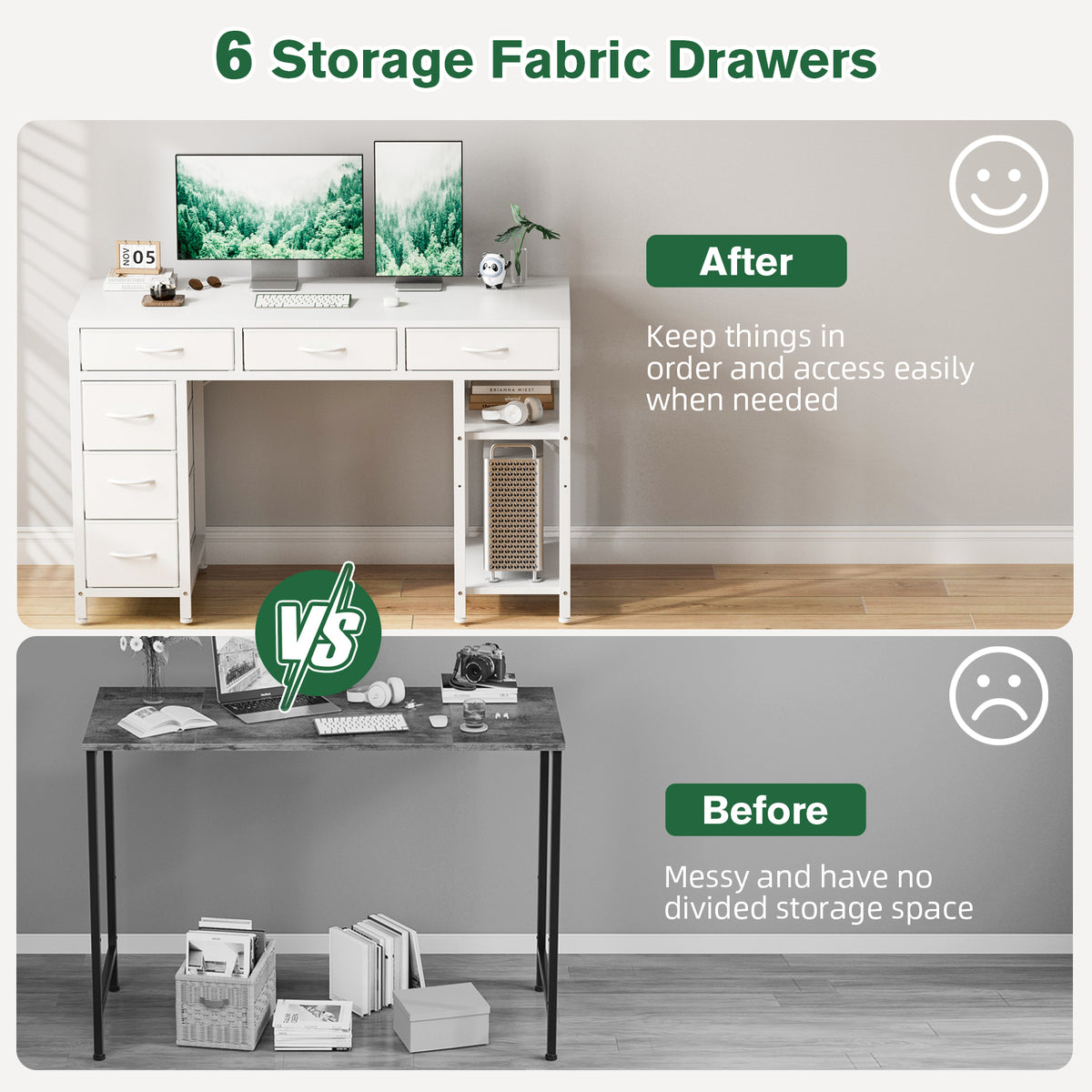 Avoltrix Computer Desk with 6 Drawers Reversible Storage 2-Tier Shelves Home Office Table Study Gaming Work 120CM White