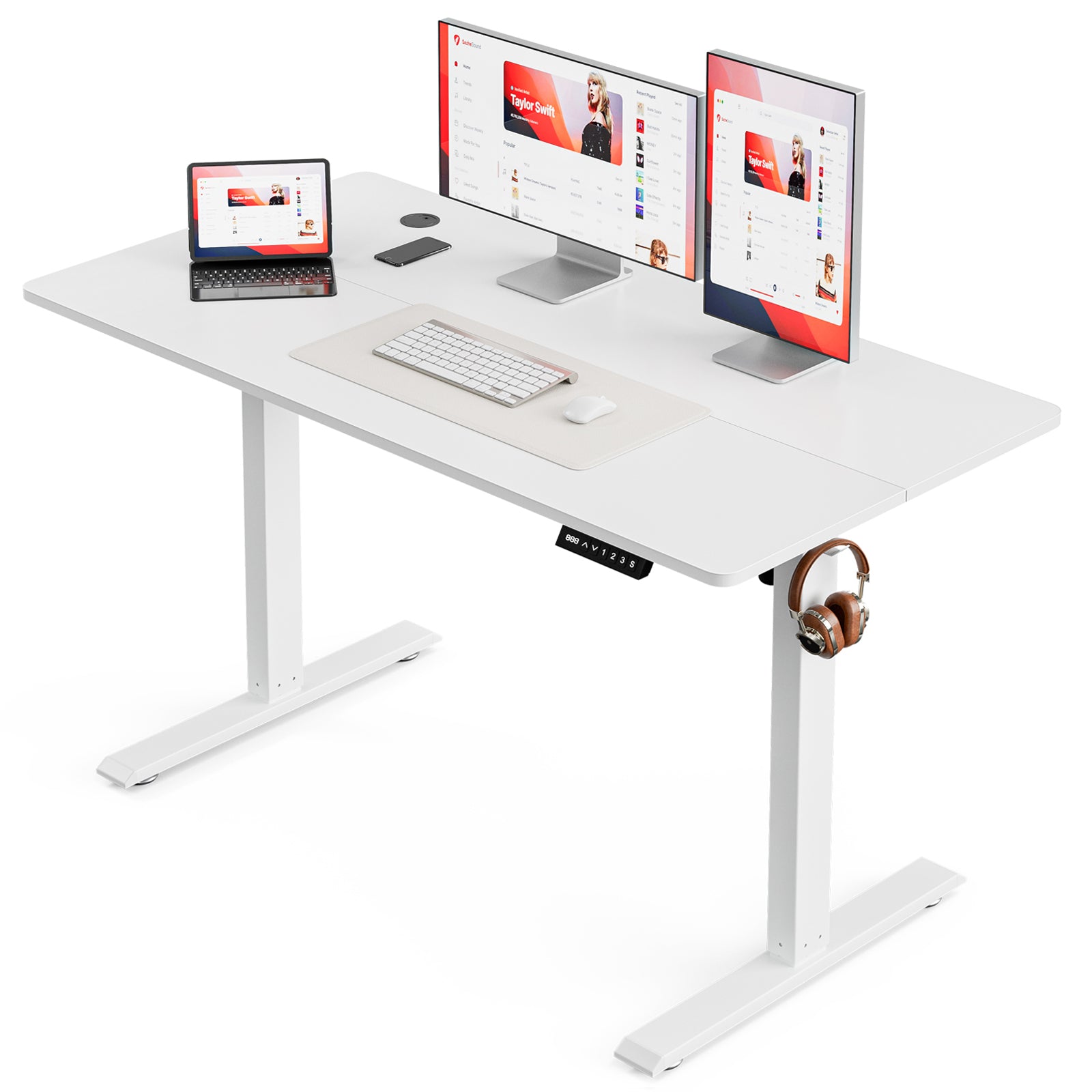 Avoltrix 120x60CM Electric Standing Desk, Height Adjustable Ergonomic Work Desk with Hooks for Home Office or Study, White