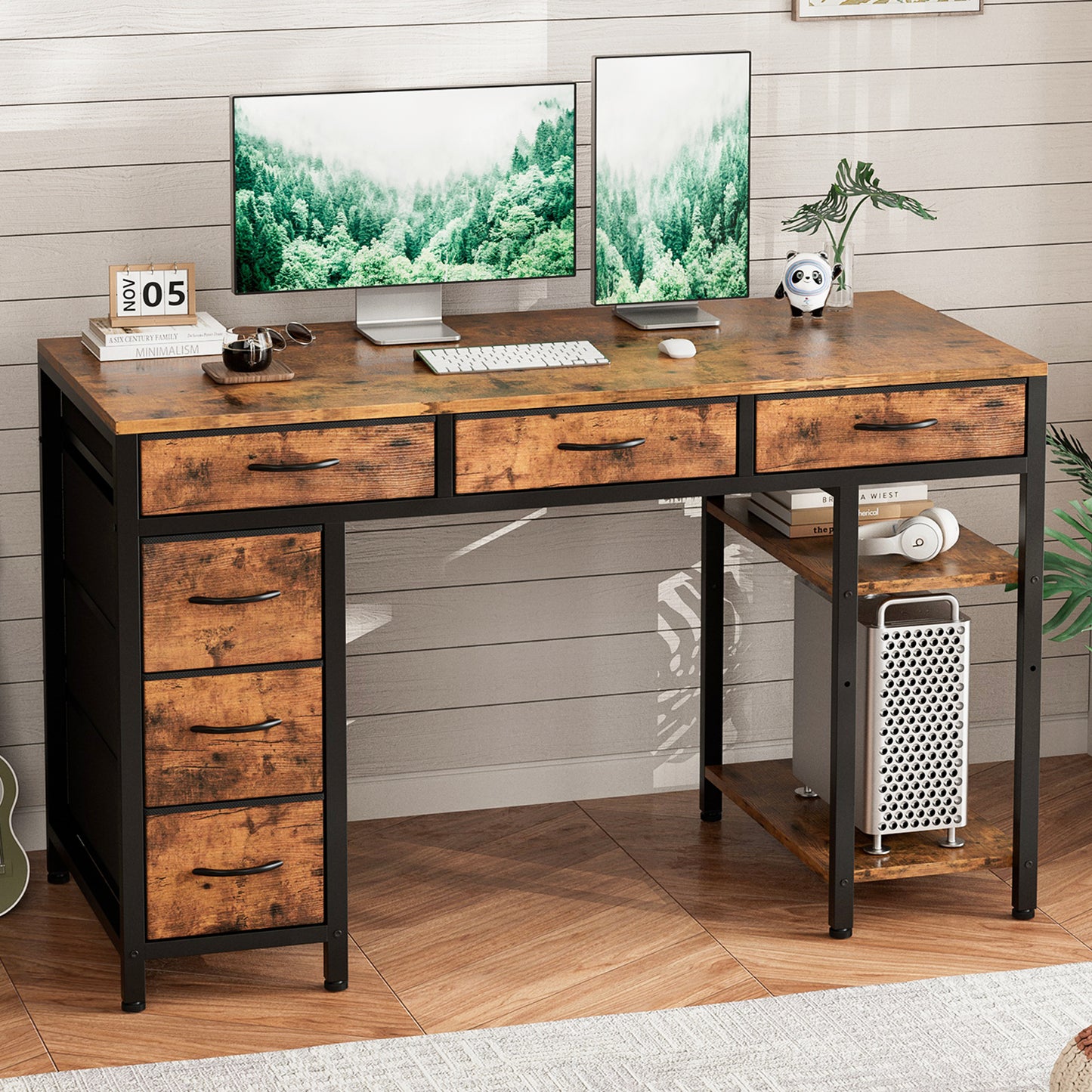 ApexSpace Computer Desk with Drawers and Shelves – Reversible Storage Table for Home Office, Study or Gaming, Rustic Brown