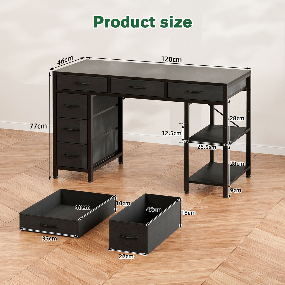 Avoltrix Computer Desk with 6 Drawers Reversible Storage 2-Tier Shelves Home Office Table Study Gaming Work 120CM Black