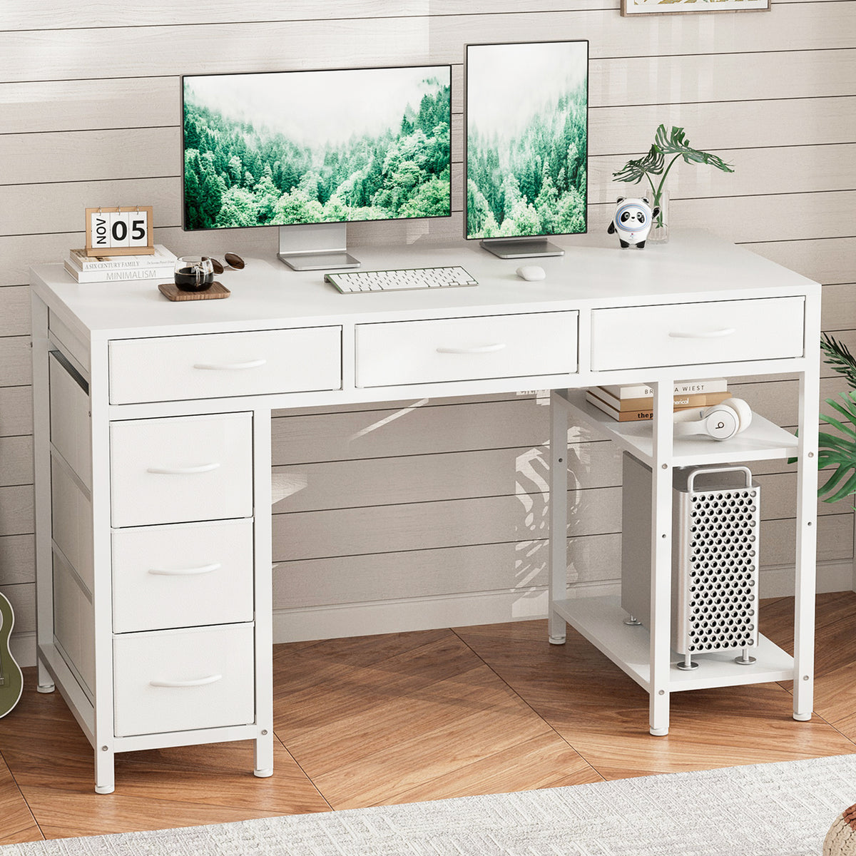 Avoltrix Computer Desk with 6 Drawers Reversible Storage 2-Tier Shelves Home Office Table Study Gaming Work 120CM White