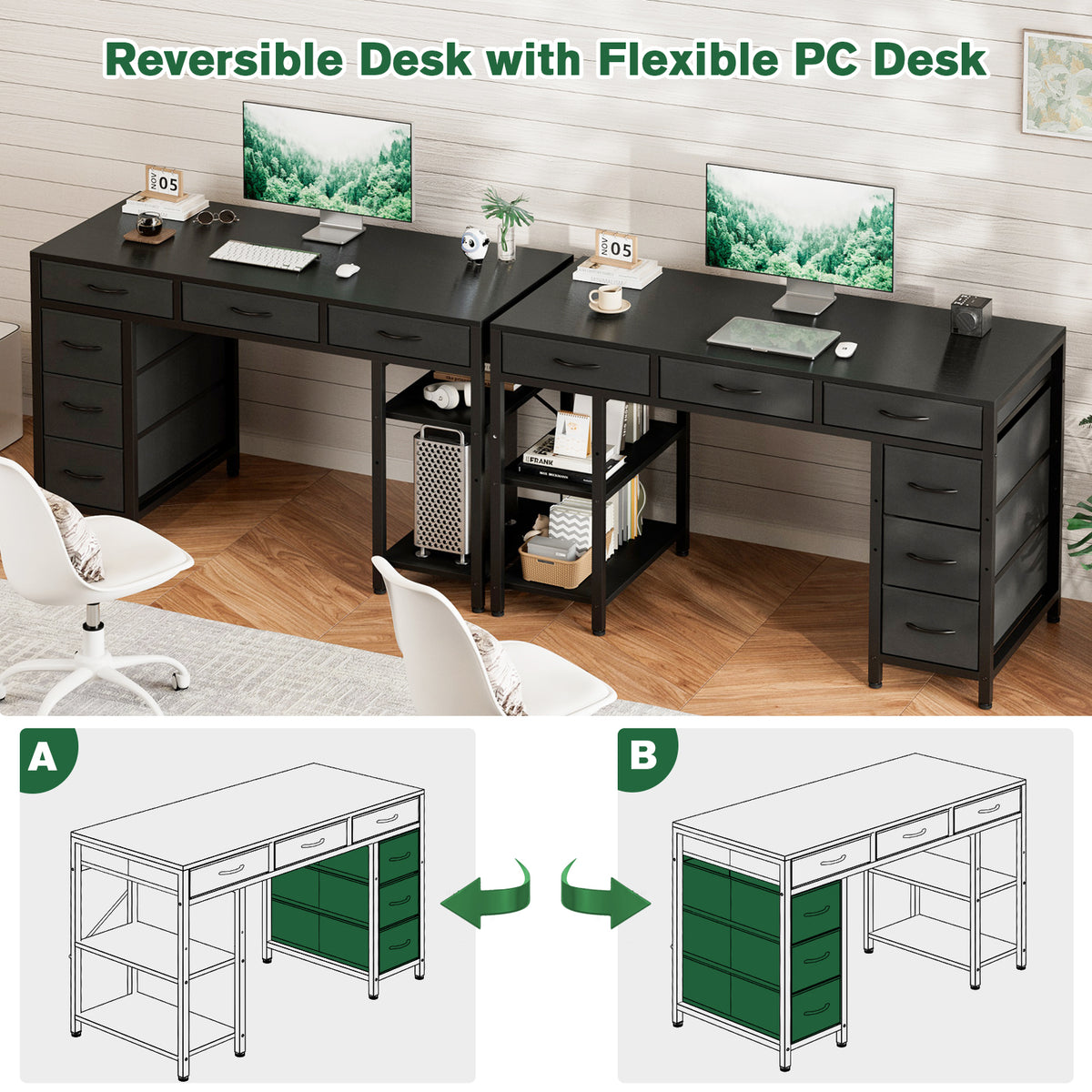 Avoltrix Computer Desk with 6 Drawers Reversible Storage 2-Tier Shelves Home Office Table Study Gaming Work 120CM Black
