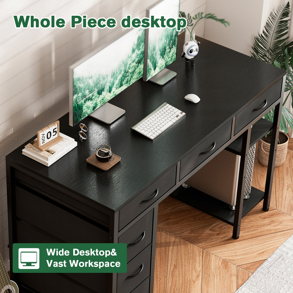 Avoltrix Computer Desk with 6 Drawers Reversible Storage 2-Tier Shelves Home Office Table Study Gaming Work 120CM Black